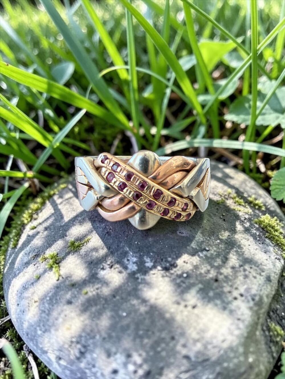 14k Tri-Coloured Gold Ruby Braided Crossover Puzzle Ring